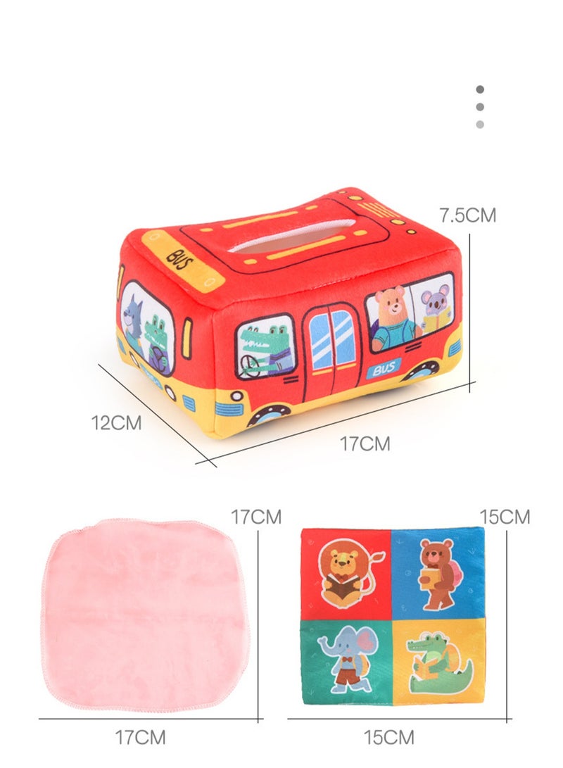 Baby Early Education Cloth Book Tissue Box Sound Paper Square Towel Cognitive Animal English Tear-resistant Children's Cloth Book Toy, 3 Square Towels + 8 Silk Scarves (Car type) - Image 2